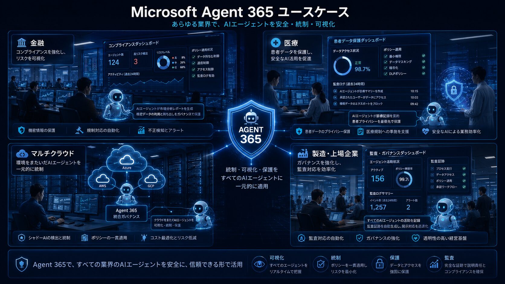 Agent 365のユースケース - 金融 医療 マルチクラウド 製造 上場企業