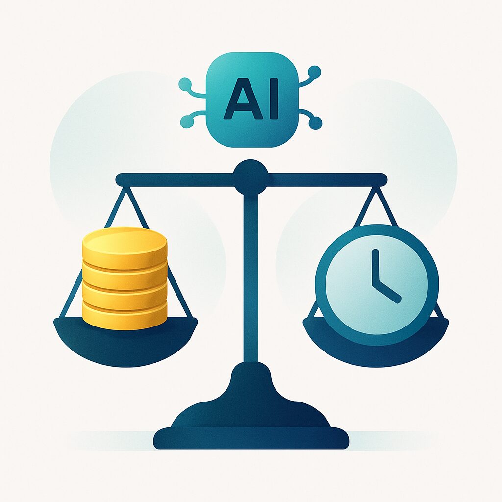 AIライティングツール おすすめの料金とコスパを天秤で比較する抽象イラスト